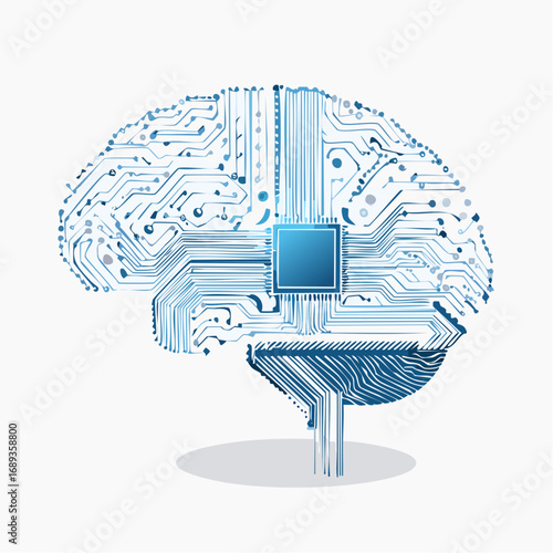 Magnifique cerveau numérique artificiel, symbole, couleur bleutée, arrière plan blanc, concept