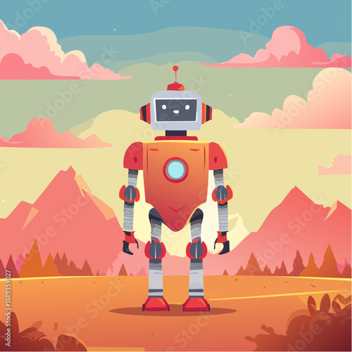 Robot dans un décor bucolique et coloré, montagne, soleil, arbres, teintes bleues, oranges et violettes, style graphique dessin animé
