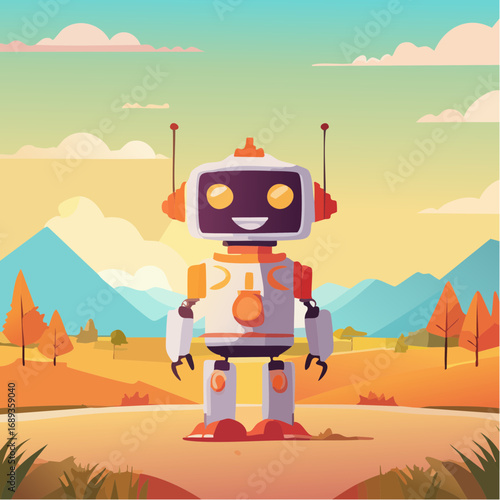Robot souriant dans un décor bucolique et coloré, montagne, soleil, arbres, teintes bleues, oranges et violettes, style graphique dessin animé