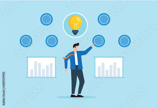 Flat illustration of businessman activating central hub of floating data chart to illuminate idea clarity and digital insight