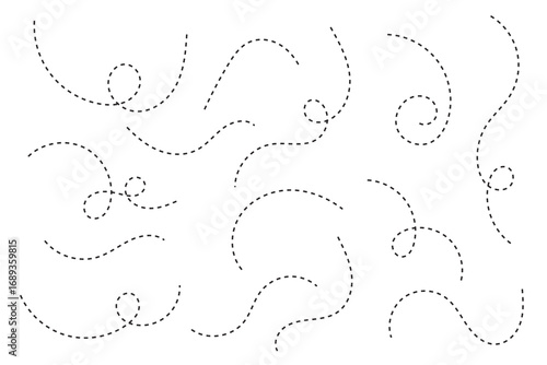 Line path. Dotted line path. Routes set. Dotted pathways. Airplane routes set.  smooth curved route and pin markers, ideal for navigation maps, trip planning, logistics, GPS tracking, delivery routes.