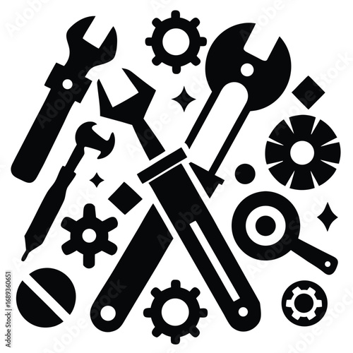 Black Silhouette of Assorted Tools and Gears on White Background wrench spanner