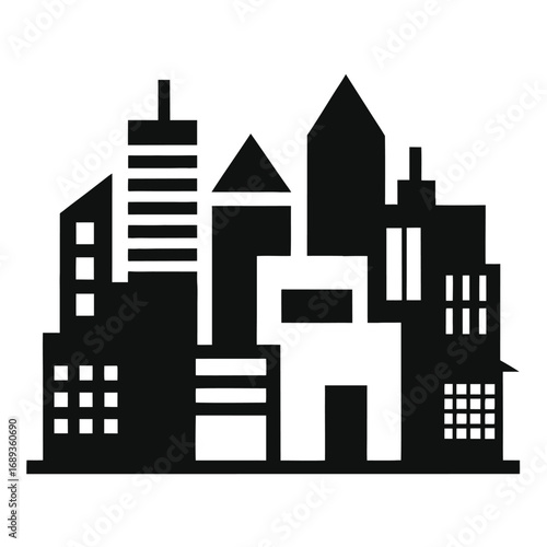Abstract geometric cityscape silhouette with varied building shapes and windows urban