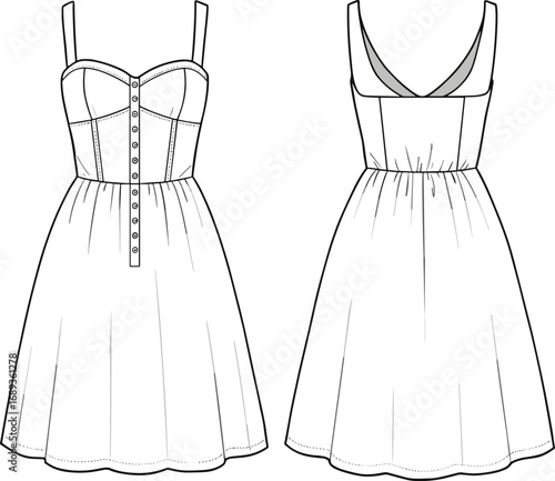 Summer dress fashion CAD drawing, sleeveless short dress flat sketch, front and back view, vector design illustration, technical template