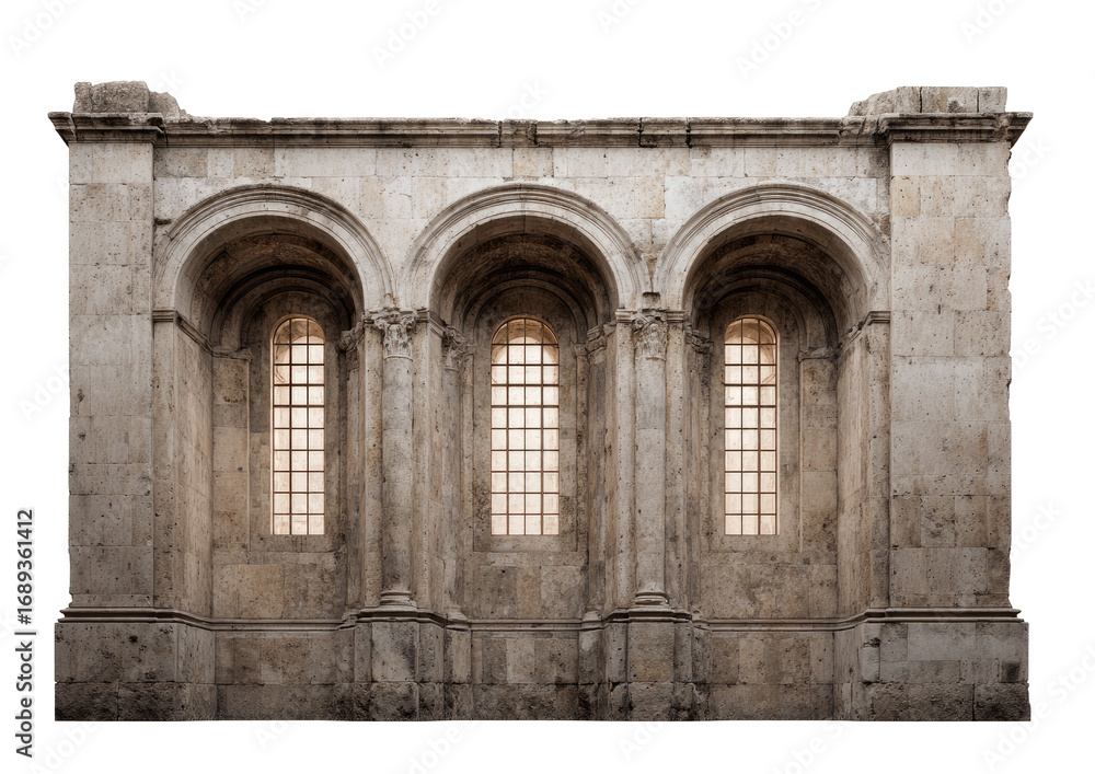Aged stone facade with arched windows Aged stone facade with arched windows