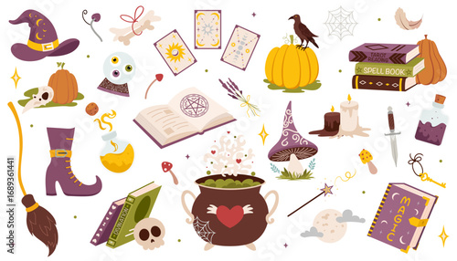 Mystical Halloween illustration in witch aesthetic. Magical still life with spellbook, tarot cards, potions. Perfect for fantasy, occult, horror and mystical design projects. Flat vector illustration.