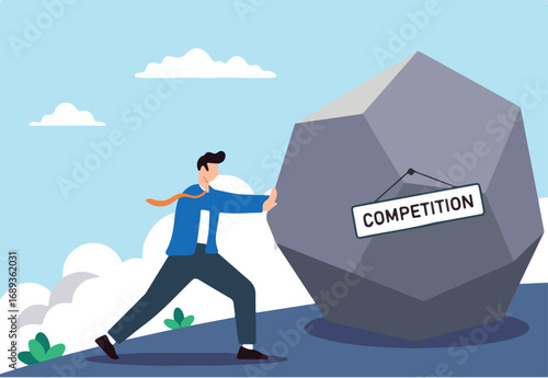 Businessman struggles to push large rock labeled competition uphill concept market challenges rivalry and persistence