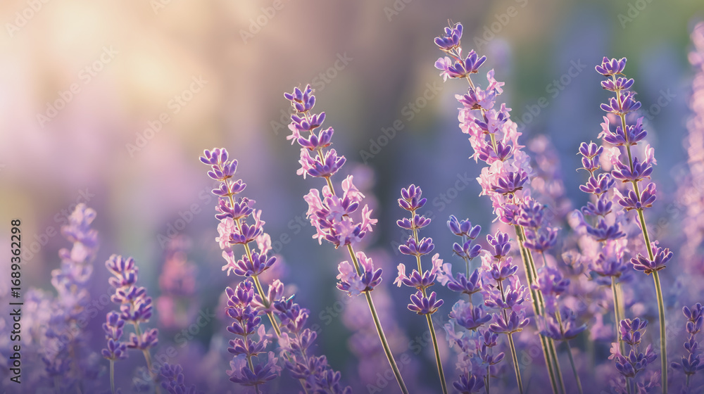 Naklejka premium Elegant wedding invitation card background watercolor pictures Natural little a Lavender flower field in a lifestyle style expressing wonder with pastel floral shades and golden lighting harmony