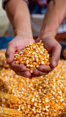 Harvested corn kernels in hands