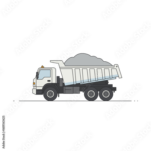 White Dump Truck Carrying Grey Gravel Pixel Art Illustration