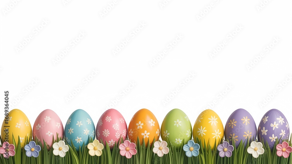 Fototapeta premium Colorful Easter eggs and flowers in grass on white background