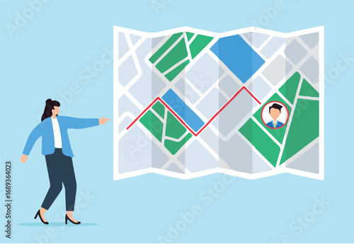 Vector illustration of recruiter navigating map with candidate profiles detailed strategic talent search finding best path mapping out recruitment
