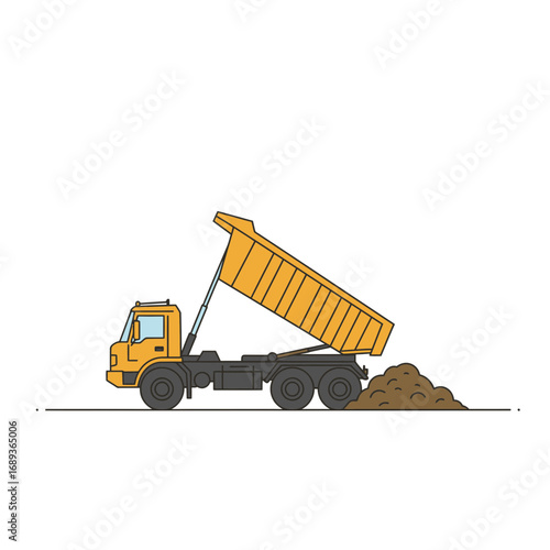Yellow Dump Truck Unloading Brown Soil
