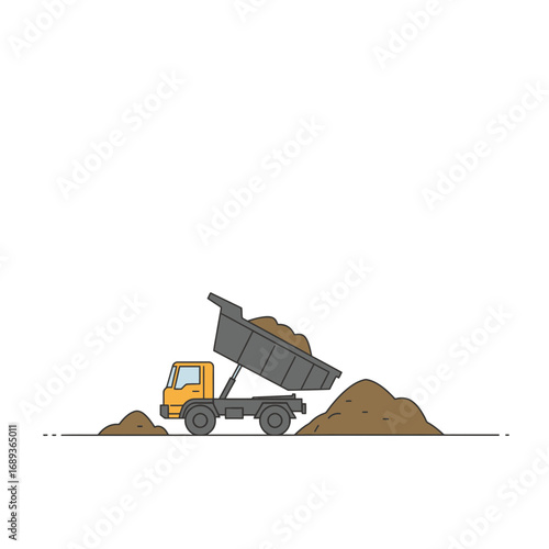 Yellow Dump Truck Unloading Brown Soil on White Background