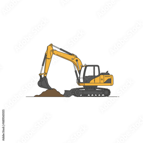 Yellow Excavator Digging Dirt on White Background