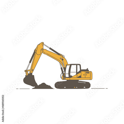 Yellow Excavator Digging on White Background