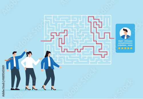 Business team navigating maze with candidate profiles complex recruitment process finding right path strategic hiring overcoming challenges