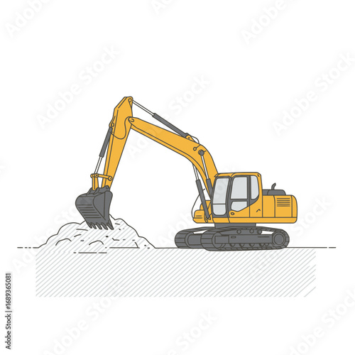 Yellow Excavator Digging Pile of Dirt