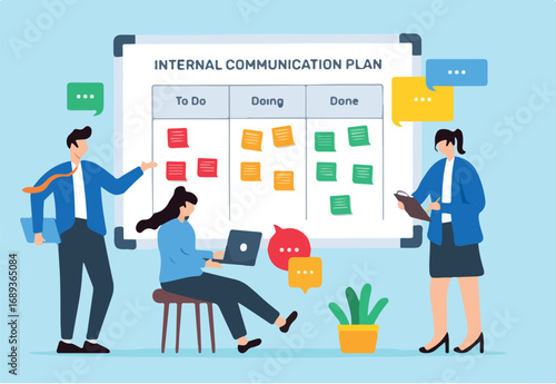 Vector illustration of team developing internal communication plan with sticky notes on whiteboard information flow