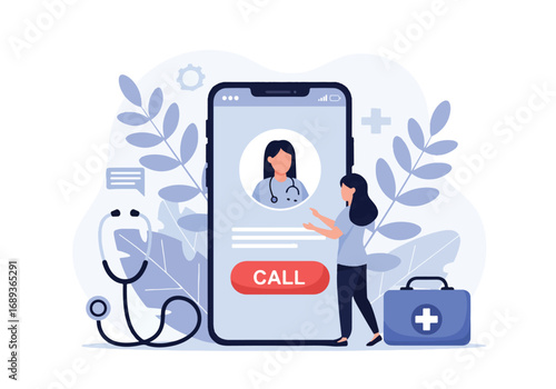 Flat style Vector illustration of a woman using a smartphone for online doctor consultation, symbolizing telemedicine, healthcare technology, remote medical services, and digital health solutions