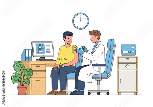 Flat style Vector illustration of a doctor giving a patient a vaccination in a medical office, symbolizing healthcare, prevention, immunization, treatment, and medical services