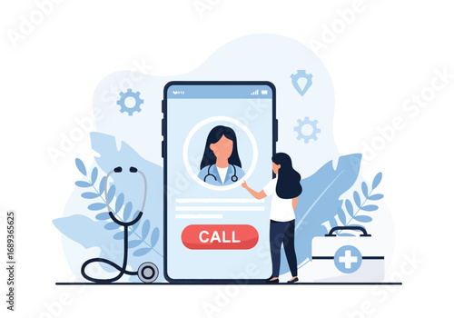 Flat style Vector illustration of a woman using a smartphone for online doctor consultation, symbolizing telemedicine, healthcare technology, remote medical services, and digital health solutions