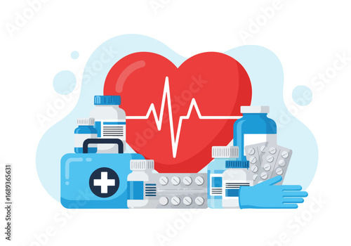 Flat style Vector illustration of a heart with heartbeat line surrounded by medicine bottles, pills, gloves, and first aid kit, symbolizing cardiology, healthcare, prevention, and medical treatment