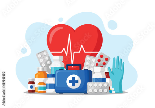 Flat style Vector illustration of a heart with heartbeat line surrounded by medicine bottles, pills, gloves, and first aid kit, symbolizing cardiology, healthcare, prevention, and medical treatment