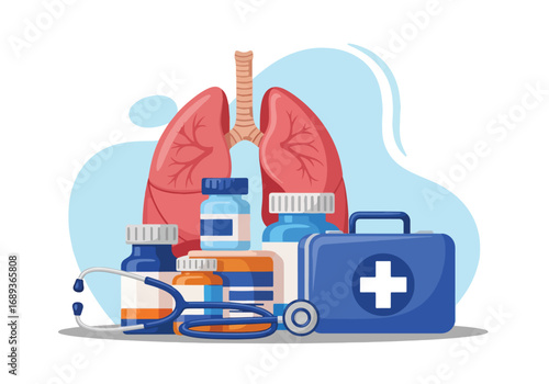 Flat style Vector illustration of human lungs with medicine bottles, stethoscope, and first aid kit, symbolizing pulmonology, respiratory health, medical treatment, and healthcare research
