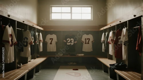 Empty sports locker room with jerseys hanging on wooden lockers and benches