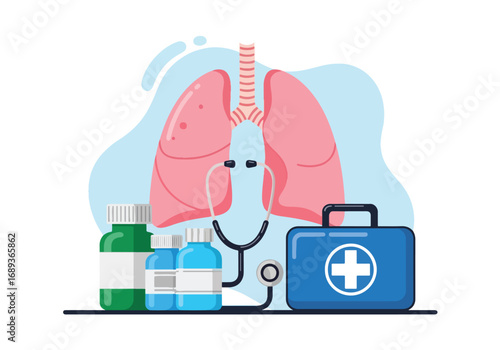 Flat style Vector illustration of human lungs with medicine bottles, stethoscope, and first aid kit, symbolizing pulmonology, respiratory health, medical treatment, and healthcare research