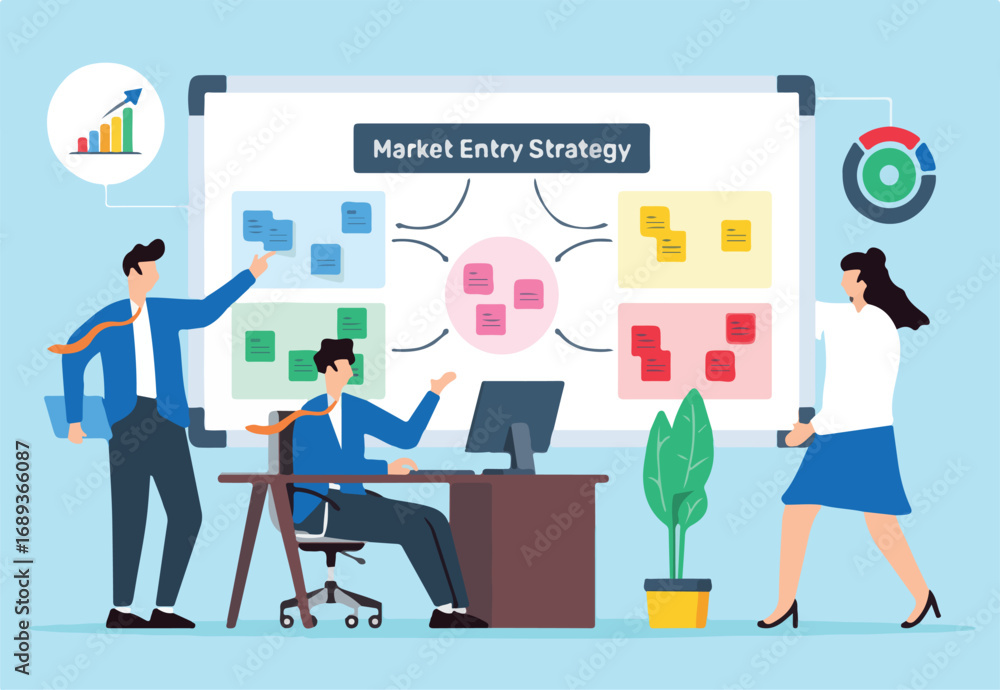 Fototapeta premium Vector illustration of business people planning market entry strategy with sticky notes on whiteboard geographic expansion