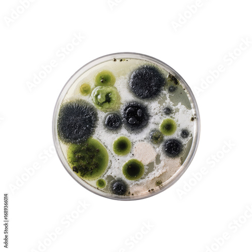 Close-up of petri dish with various fungal colonies.  Distinct dark,  green, and white growth patterns