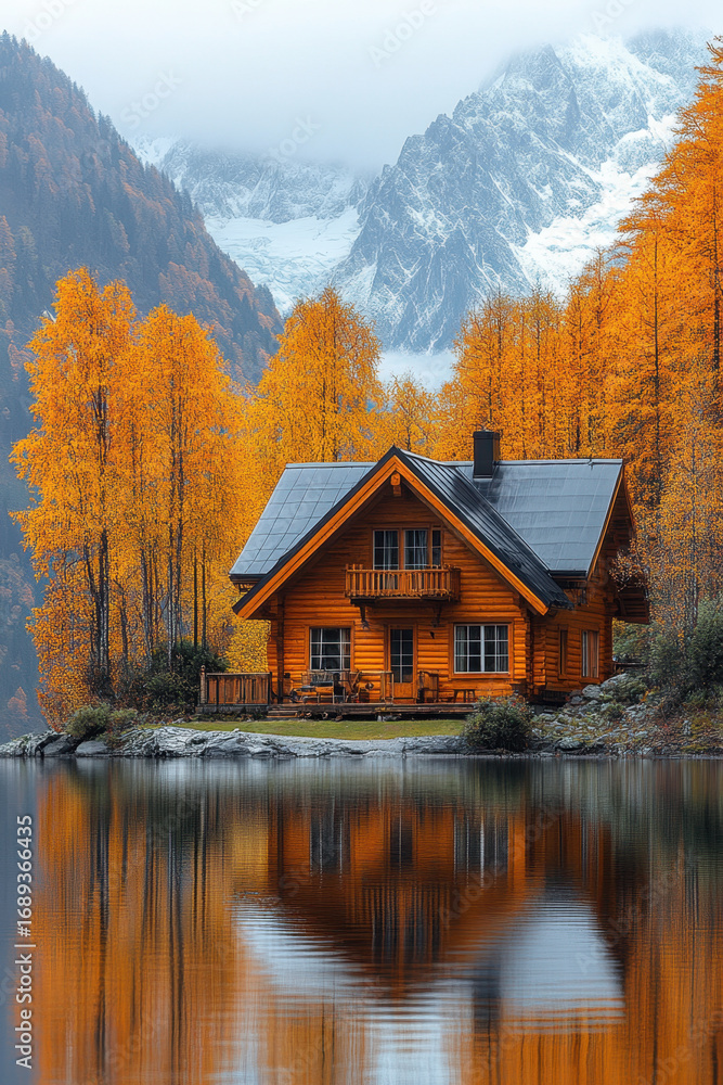 Fototapeta premium A cabin nestled in mountains beside a shimmering lake, framed by towering peaks.