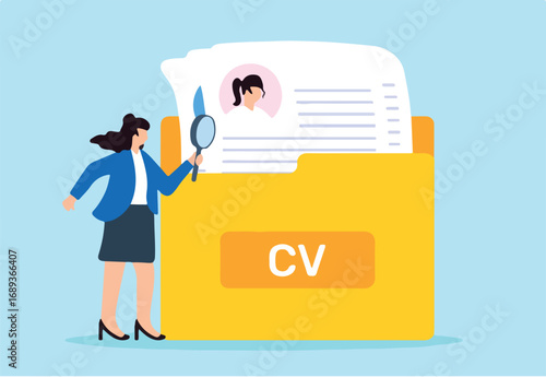 Businesswoman sorting CV in yellow folder through magnifying glass detailed candidate screening and recruitment process