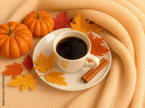 Autumn harvest flat lay with pumpkin, leaves and coffee