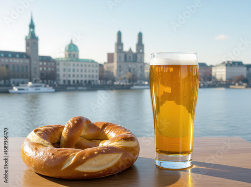 raditional Bavarian pretzel and craft beer with Munich skyline