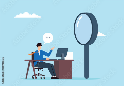 HR manager conducting interview with magnifying glass detailed candidate assessment thorough questioning focused recruitment meticulous hiring
