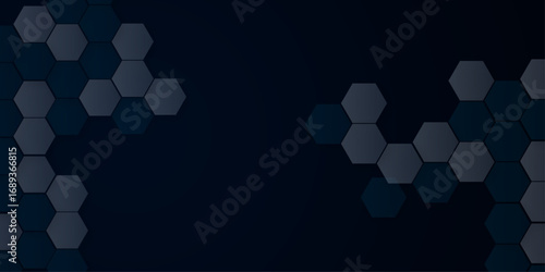 Abstract Hexagonal Pattern Background Design for Technology. A modern, dark background filled with overlapping translucent hexagons in varying shades of gray and blue. Vector for business and banner. 