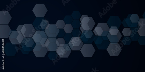 Abstract Hexagonal Pattern Background Design for Technology. A modern, dark background filled with overlapping translucent hexagons in varying shades of gray and blue. Vector for business and banner. 