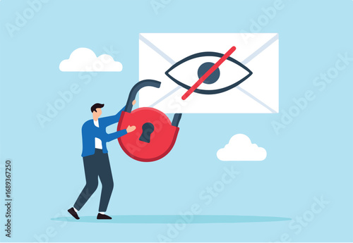 Flat illustration of man encrypting sensitive emails protecting communication and preventing interception