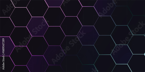 Abstract Geometric Hexagon Pattern Background, sophisticated background features a repeating pattern of hexagons, with glowing lines of purple-toned light creating a technological or futuristic aesthe
