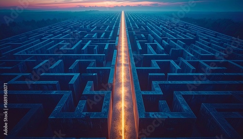 Straight illuminated path cutting through a vast, complex maze at dawn, symbolizing challenge, solution, and clear direction.