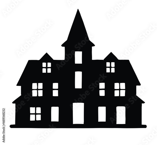 Black Silhouette of a Spooky Victorian Haunted Mansion with Tall Spire Keywords: haunted house, mansion, spooky