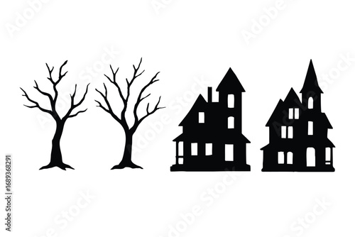 Spooky Halloween Silhouettes of Bare Trees and Haunted Houses Keywords: halloween, spooky, silhouette, haunted house