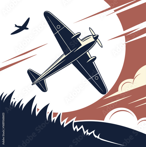 Vintage Aviation Art Featuring a Classic Warplane in Flight Above the Horizon and Other Plane Against a Dramatic Sky