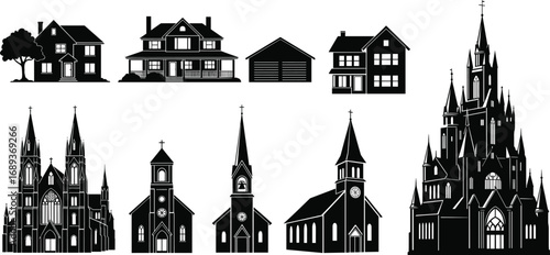 Black silhouette vector illustration of residential houses, garages, historic churches, gothic cathedrals, architectural landmarks, and traditional buildings in detailed design.