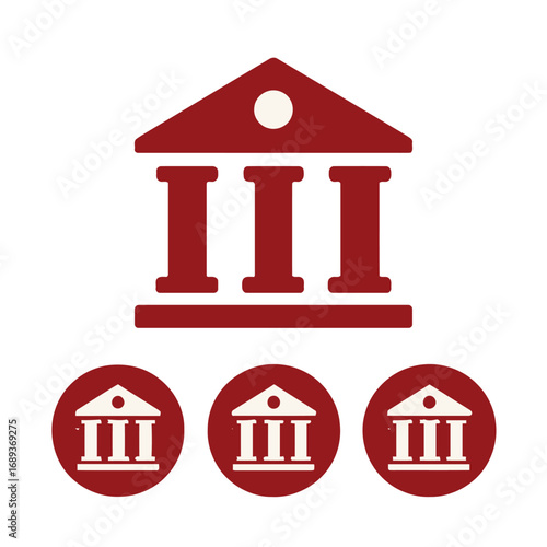Collection of Greek Temple Icons in Red and White with Roman Numerals Keywords: temple, building, icon, architecture