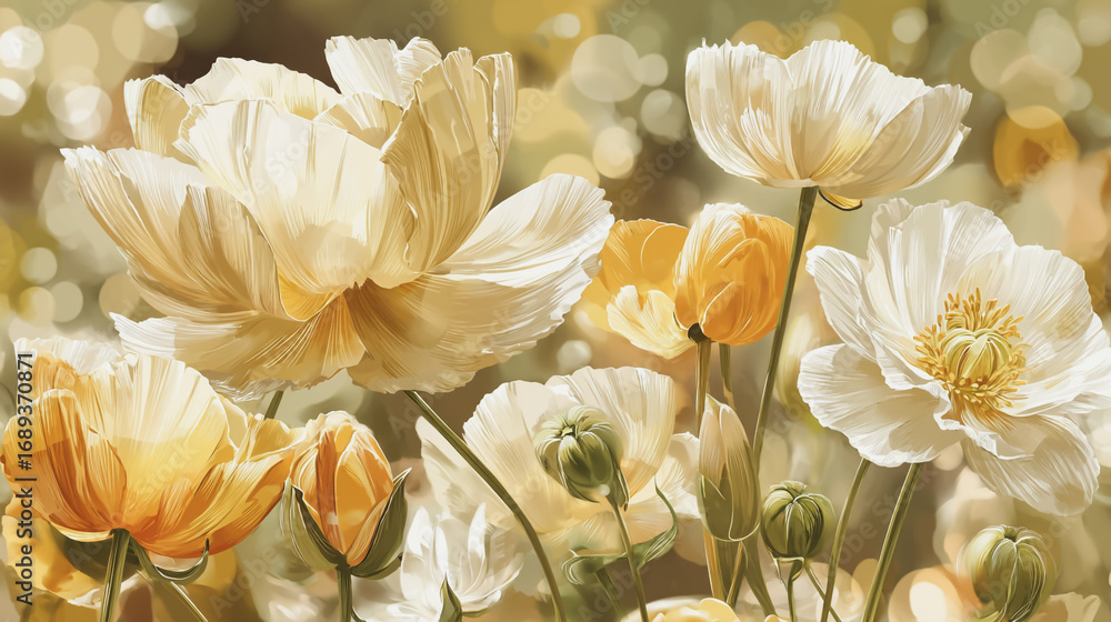 Fototapeta premium Elegant wedding invitation card background watercolor pictures Natural little a lisianthus flower field in a lifestyle style expressing wonder with pastel floral shades and golden lighting harmony