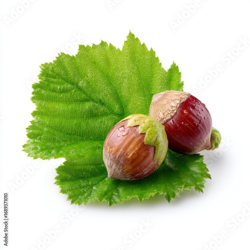Two hazelnuts and a leaf, a close-up shot highlighting the details of nature